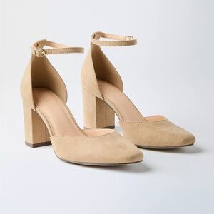LOFT Suede Almond-Toe Ankle-Strap Block Heels in Tan